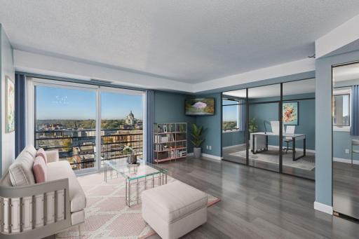 Virtual remodeling to open wall to neighbors condo and virtual staging in studio and the window treatments