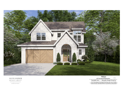 Proposed front elevation with brick, hardy, and herringbone garage doors.