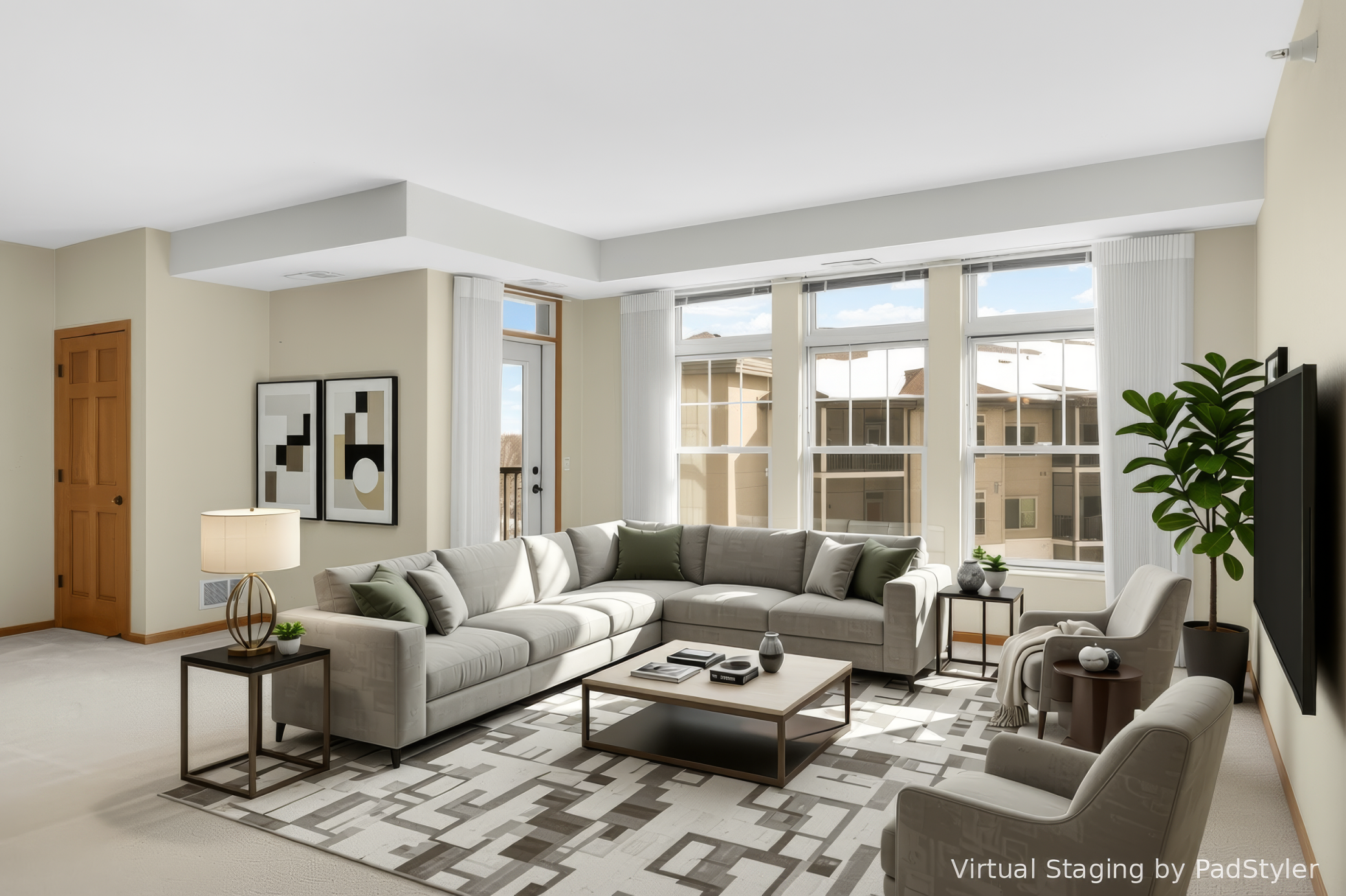 Virtually Staged Photo. Spacious living room overlooking the charming courtyard.