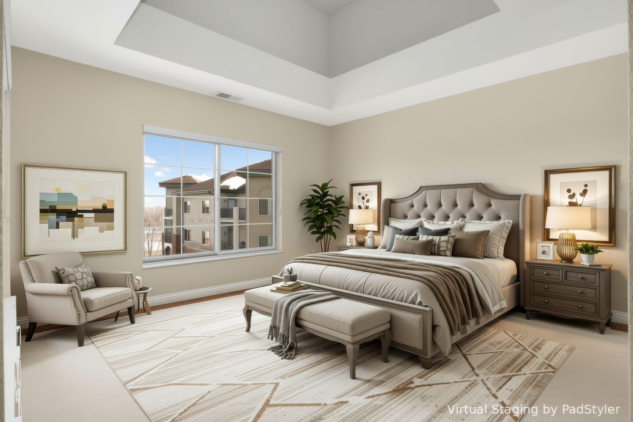 Virtually Staged Photo. Roomy 2nd bedroom for guests.