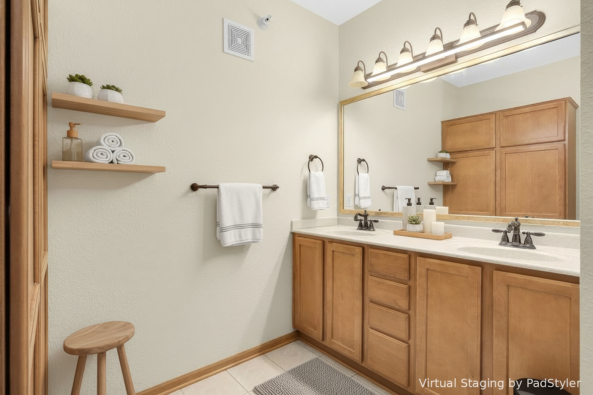 Virtually Staged Photo. Private bath with double sinks and linen closet.