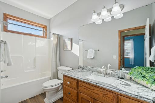 The guest bathroom has a niced size vanity.