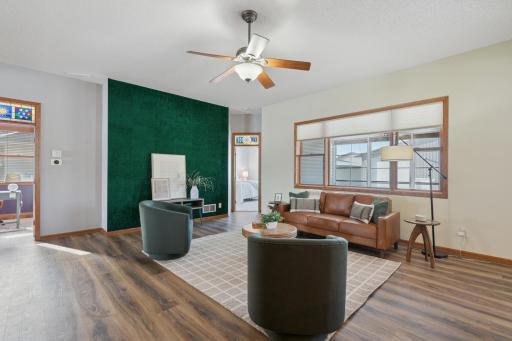 Large media wall for watching your favorite games and shows. The entire home has a wired sound system.