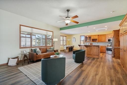 Spacious living area is filled with natural light.