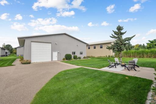 Back of hangar has a garage door for large vehicle access.