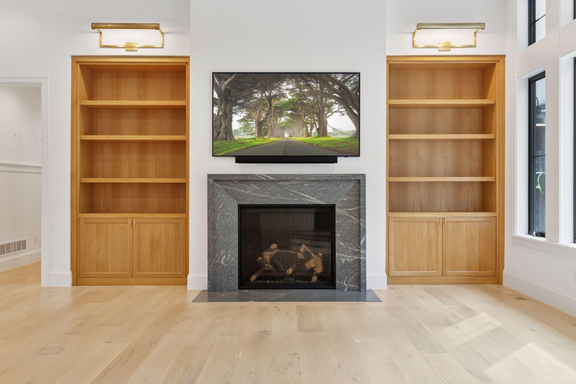 Fire place with bookshelf and TV