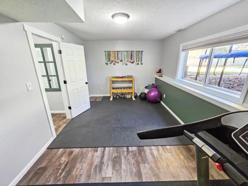 The lower level bedroom that is number 5 is currently being used as a workout room.
