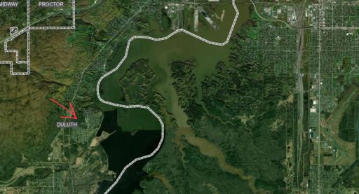 Large dark area is Spirit Lake. White line is the St. Louis River Channel, a canal that flows down from from Lake Superior