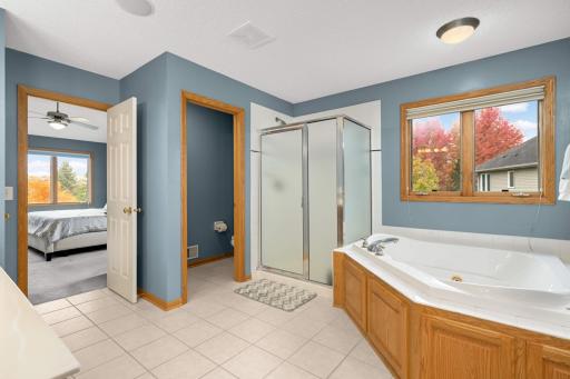 Large soaking tub, shower, and private toilet