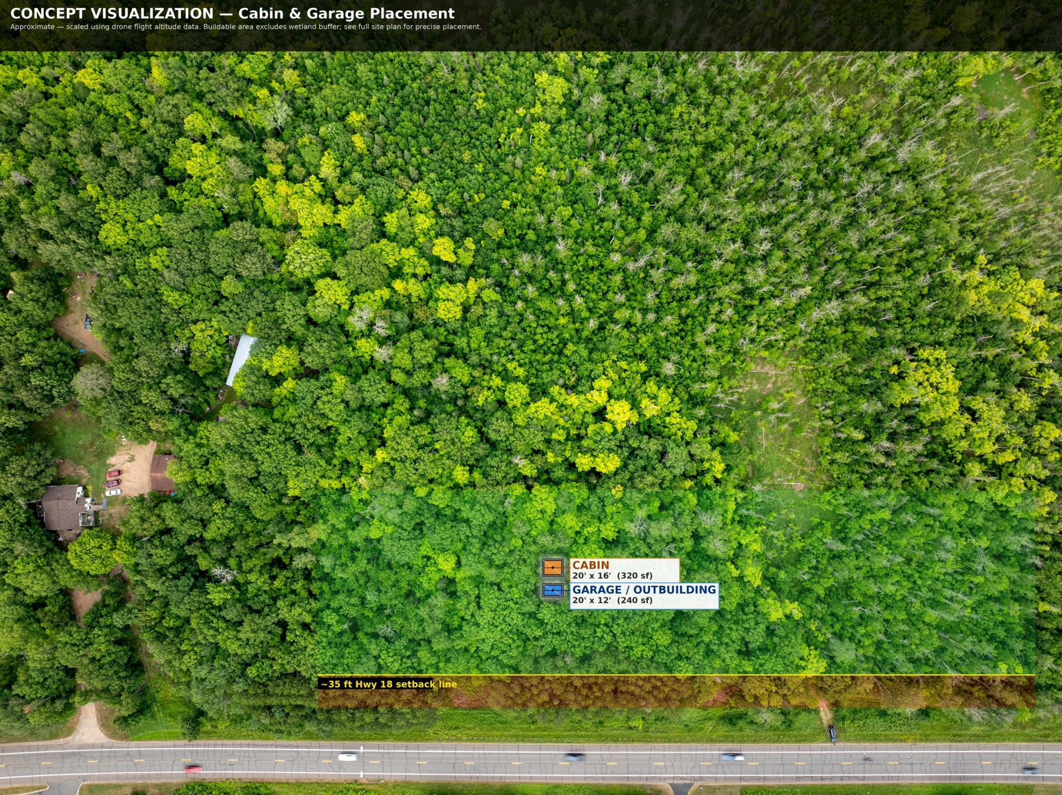 Drone View: Mock up of cabin placement