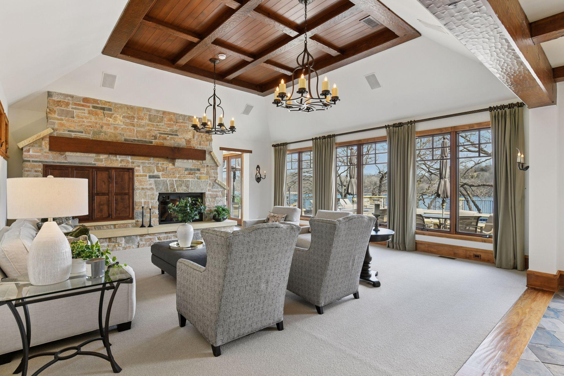 Spacious living room with fireplace and fabulous natural light