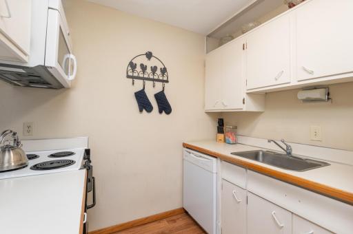 Ample cabinetry for storage and cook on the range while your guests sit at the breakfast bar. There is a handy microwave and the full size dishwasher was added by the current owner.