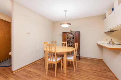 The dining room light has been updated and the new vinyl flooring is easy to clean up if a spill happens.