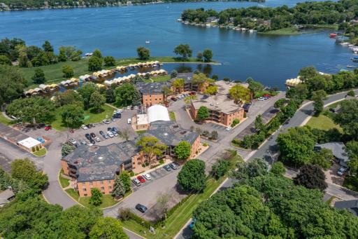 An aerial view of the beautiful 8 acre property that makes up Sea Horse Condominiums on Jennings Bay of Lake Minnetonka. Jennings is centrally located and a somewhat quieter bay.