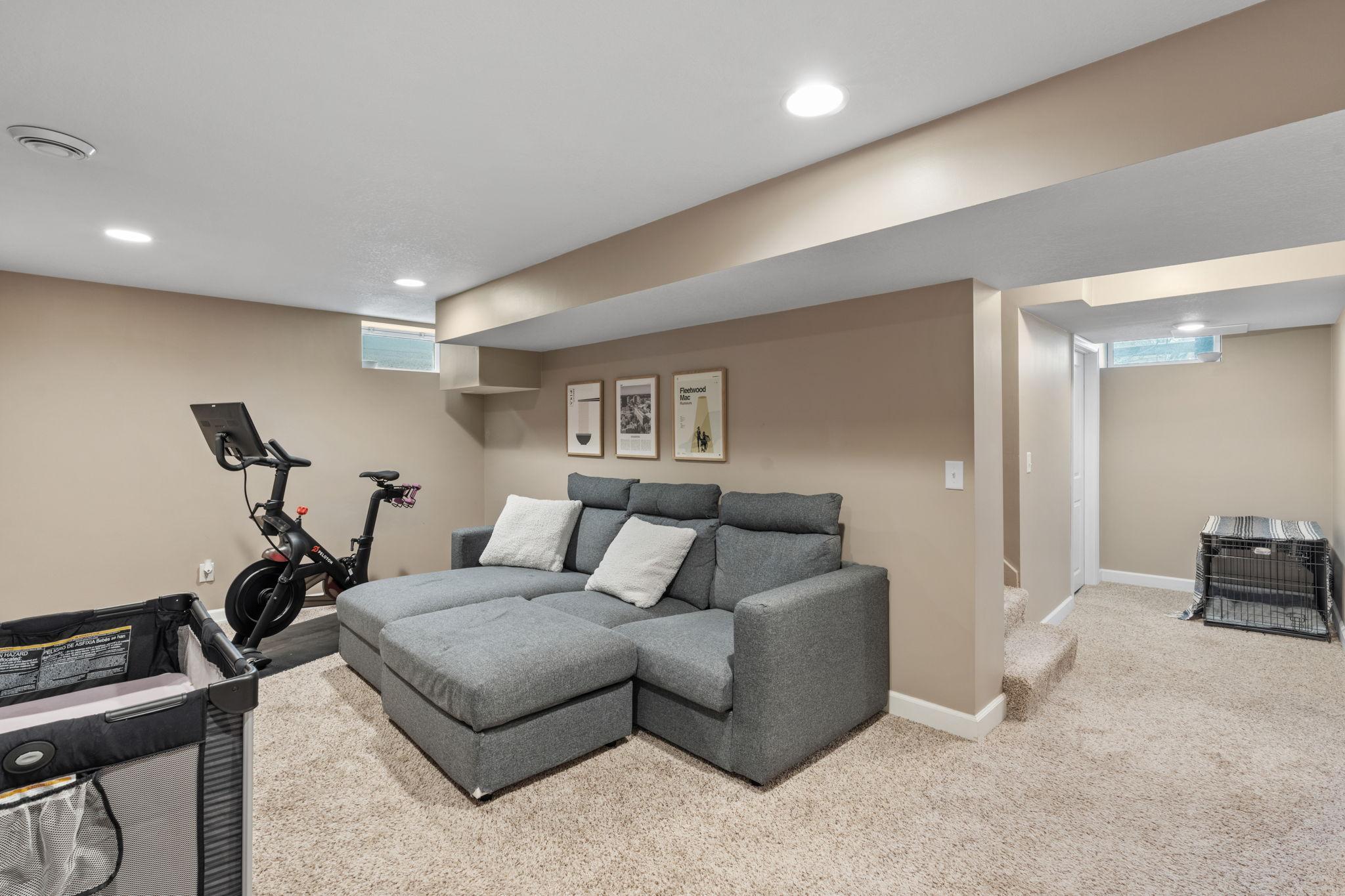 Freshly repainted lower level family room