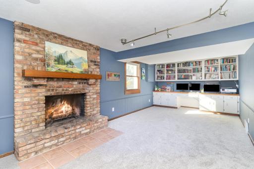 Downstairs family room with another fireplace and gorgeous built in shelves