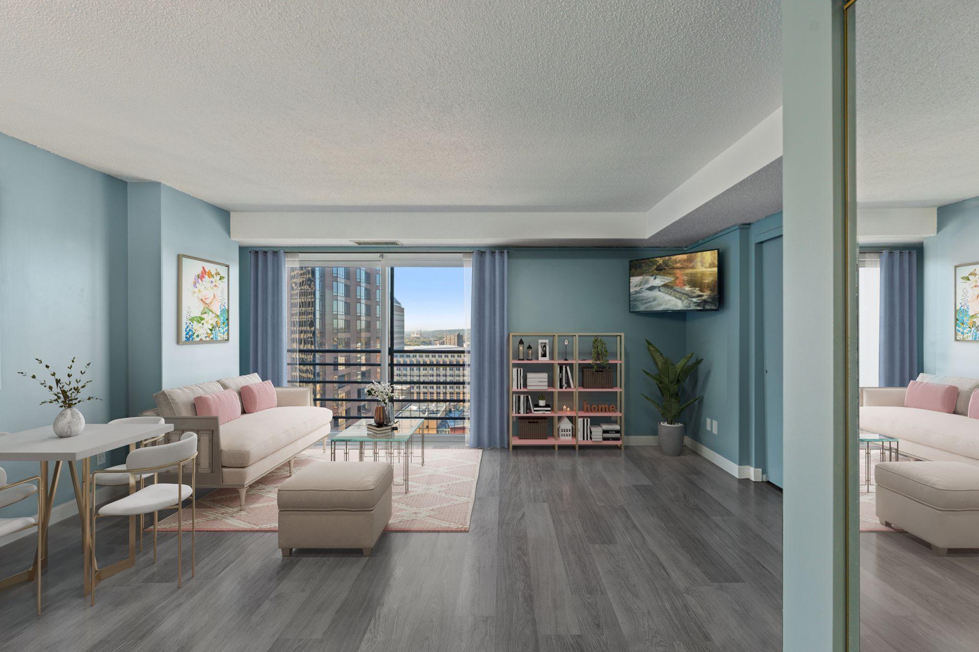 Virtual staged studio and window treatments