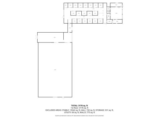 Layout of heated stall barn, storage and pass through along with heated arena