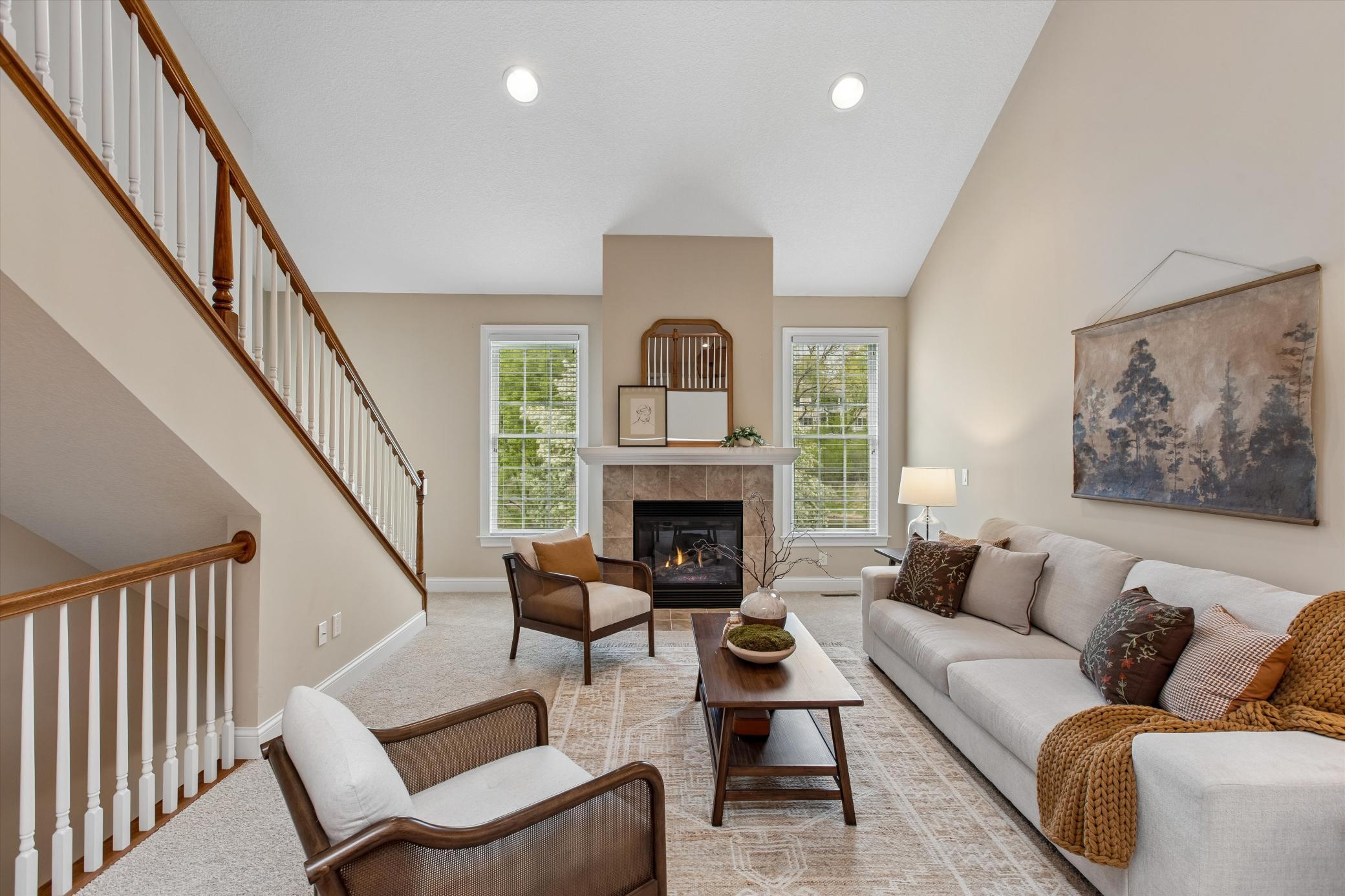 Beautiful open family room with gas fireplace