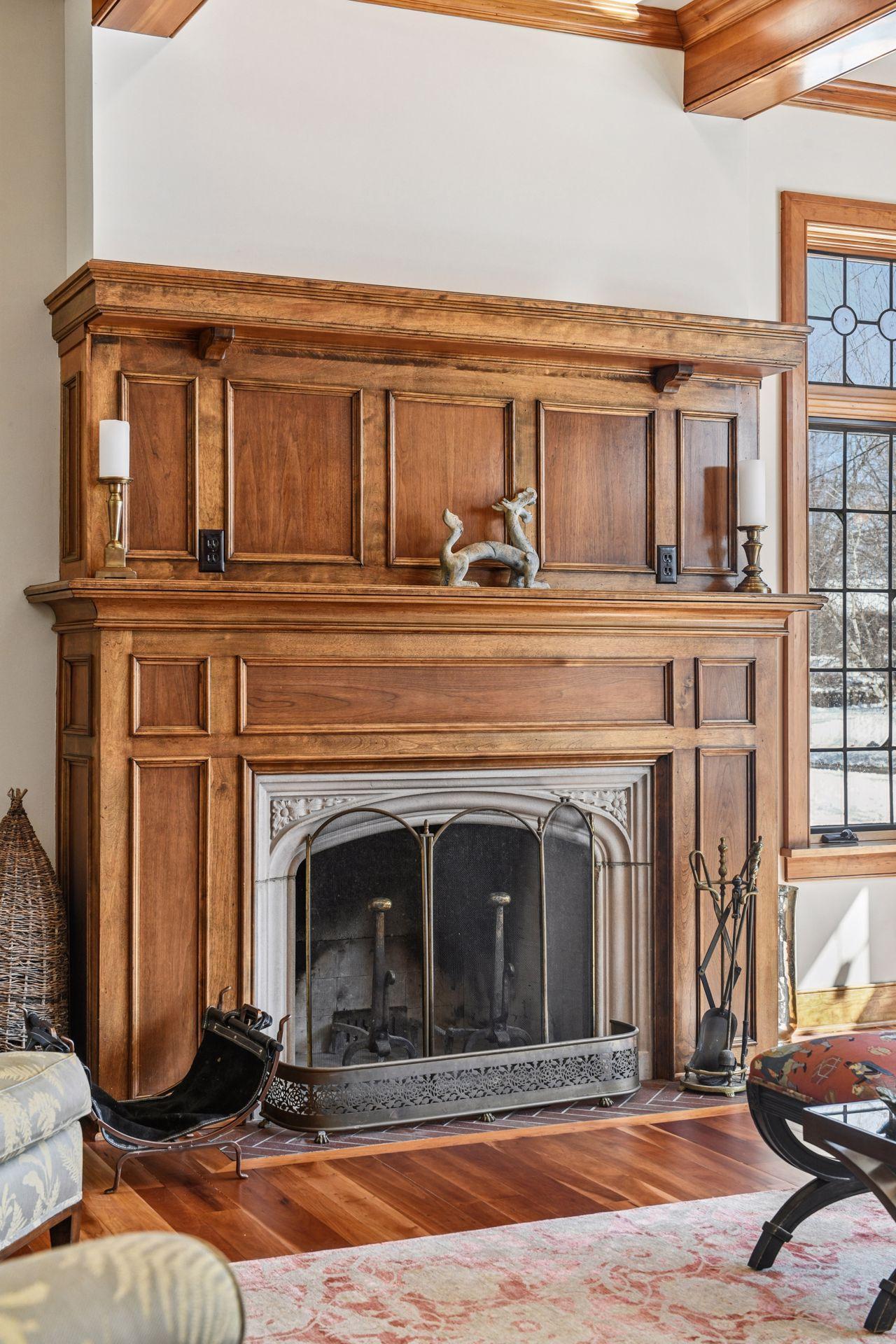 Burled and walnut historic fireplace