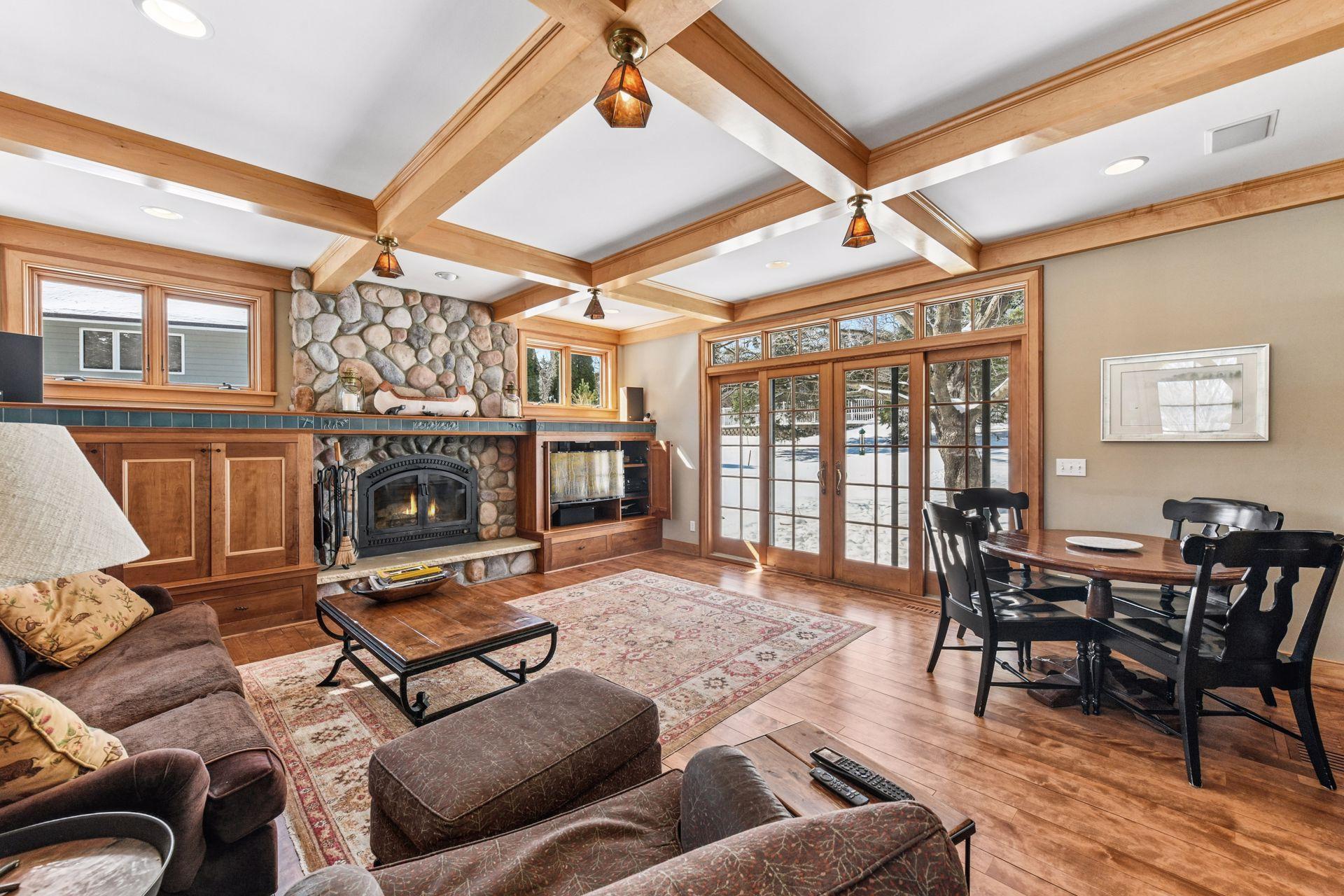 Coffered ceiling old ironworks fireplace