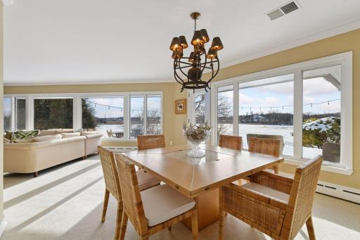 The dining room captures views of the lake.