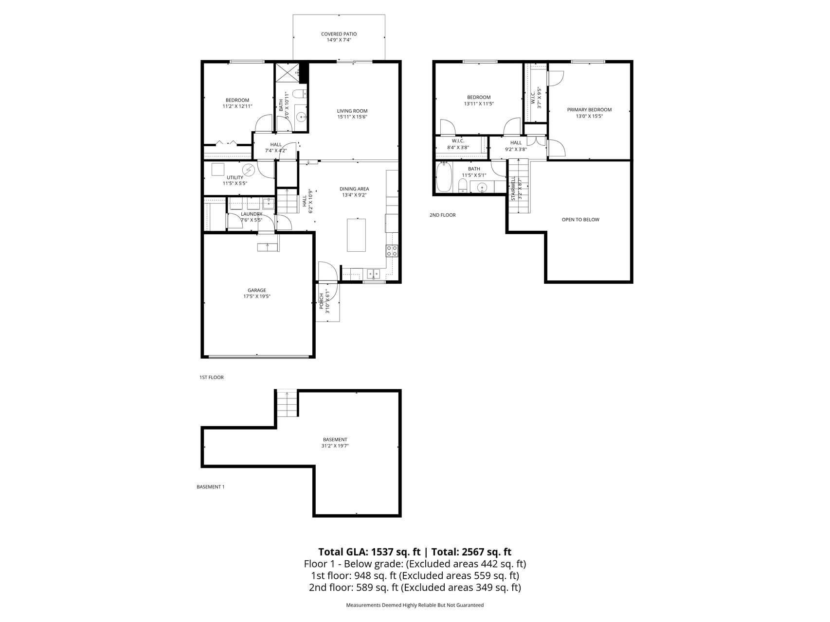 Floor plan showing the full layout, including 3 bedrooms, 2 baths, attached garage, walkout living room, covered patio, and unfinished basement space.