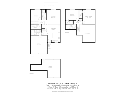 Floor plan showing the full layout, including 3 bedrooms, 2 baths, attached garage, walkout living room, covered patio, and unfinished basement space.