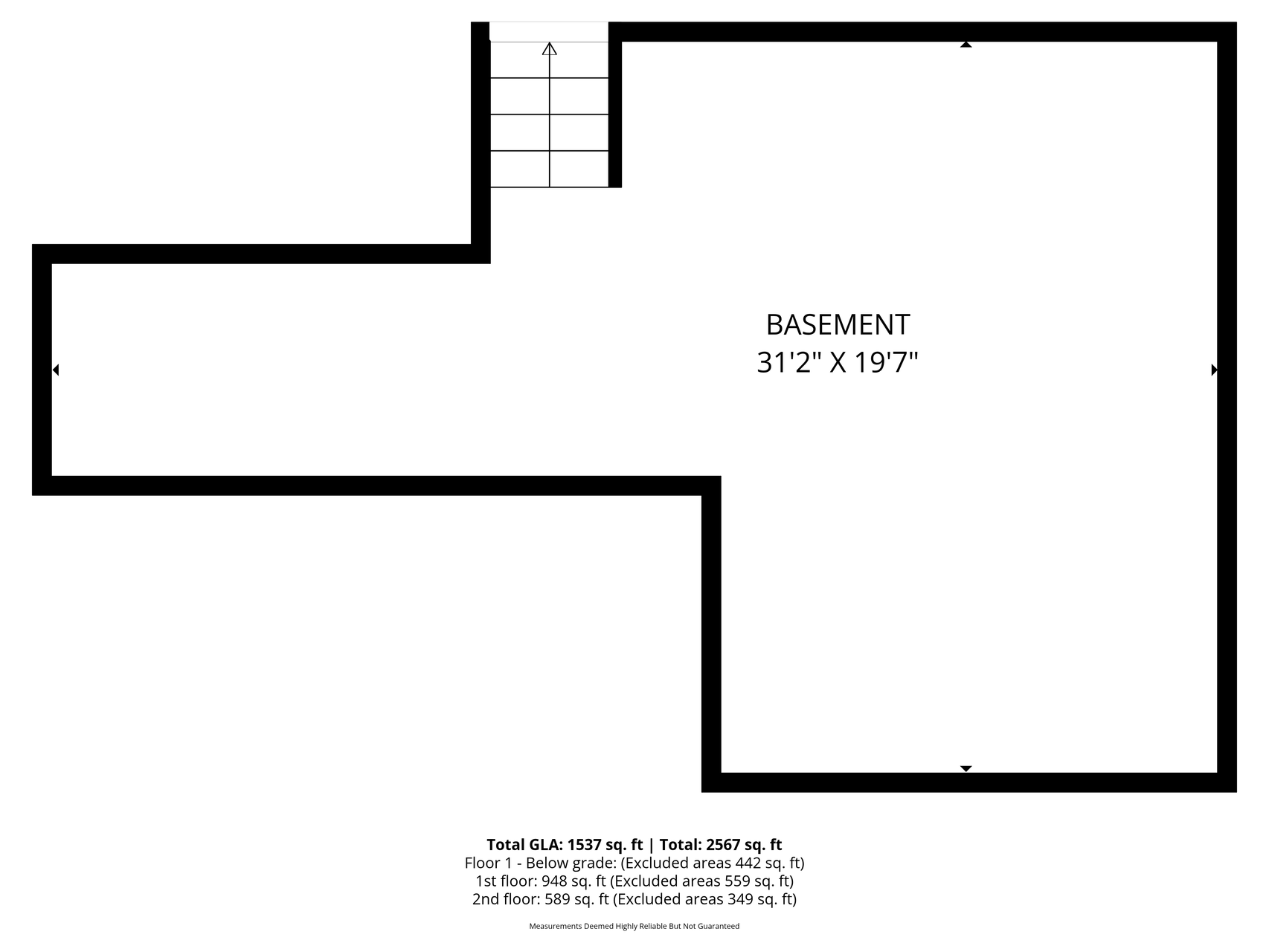 Crawl space basement area measuring approximately 31'2" x 19'7", offering storage