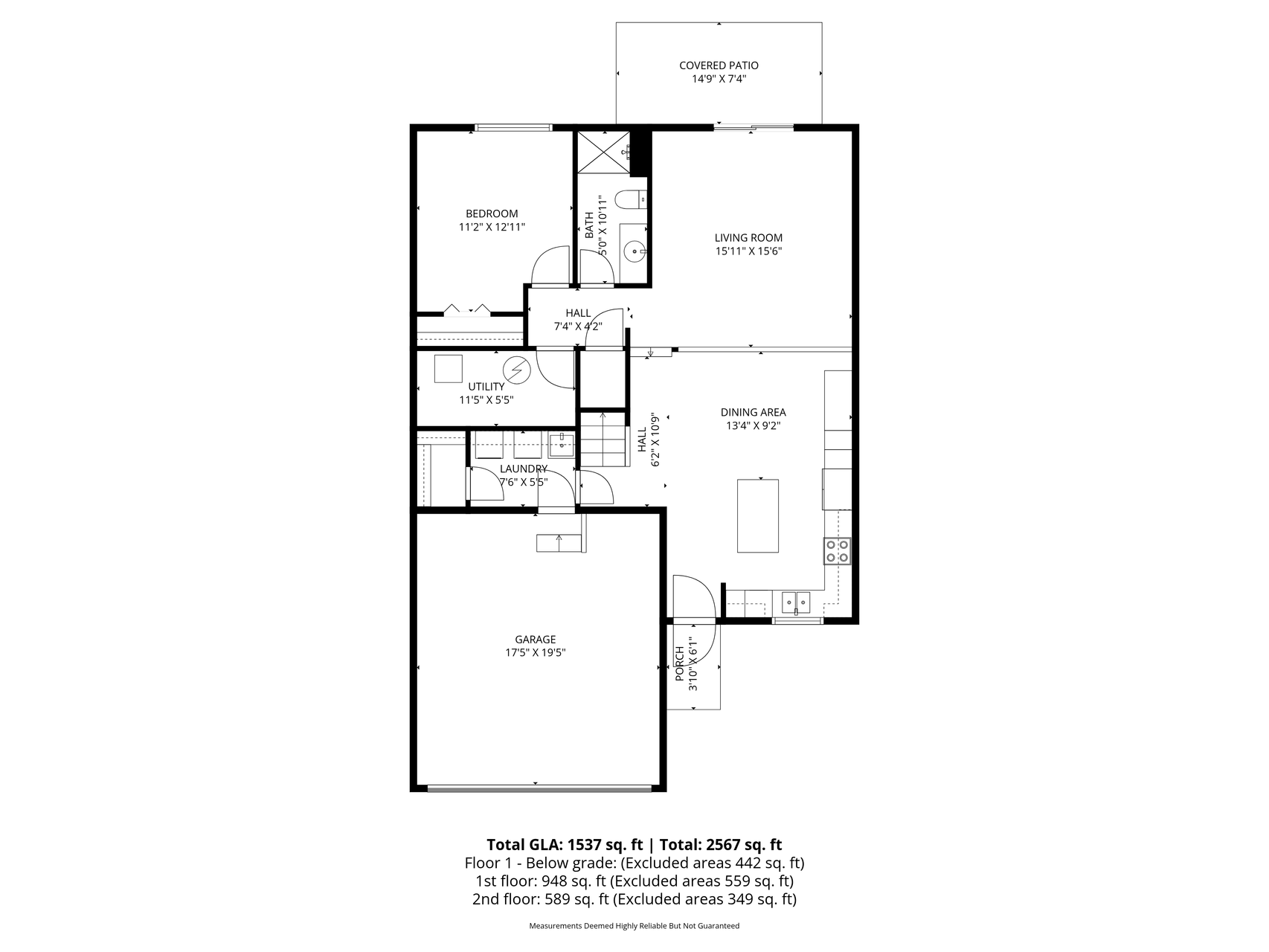 Main-level floor plan includes kitchen, dining area, walkout living room, bedroom, full bath, laundry, utility room, attached garage, and covered patio access.