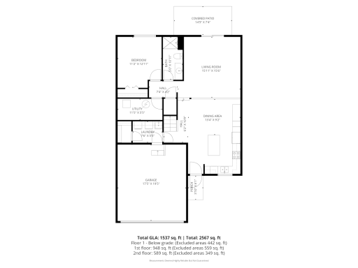 Main-level floor plan includes kitchen, dining area, walkout living room, bedroom, full bath, laundry, utility room, attached garage, and covered patio access.