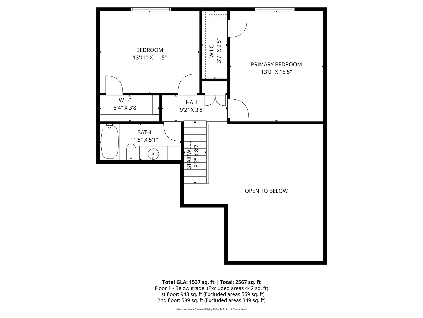 The floor plan shows 1,537 finished square feet with 2,567 total square feet, including an unfinished basement area for storage or future possibilities. The layout includes a main-level bedroom, two upper-level bedrooms, two baths, an attached garage