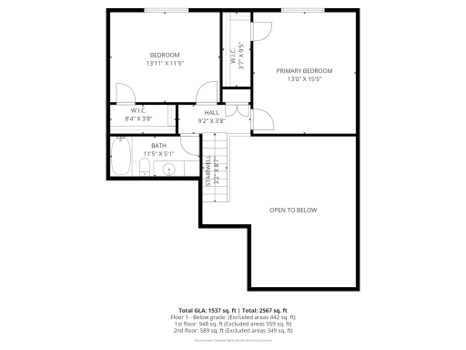 The floor plan shows 1,537 finished square feet with 2,567 total square feet, including an unfinished basement area for storage or future possibilities. The layout includes a main-level bedroom, two upper-level bedrooms, two baths, an attached garage