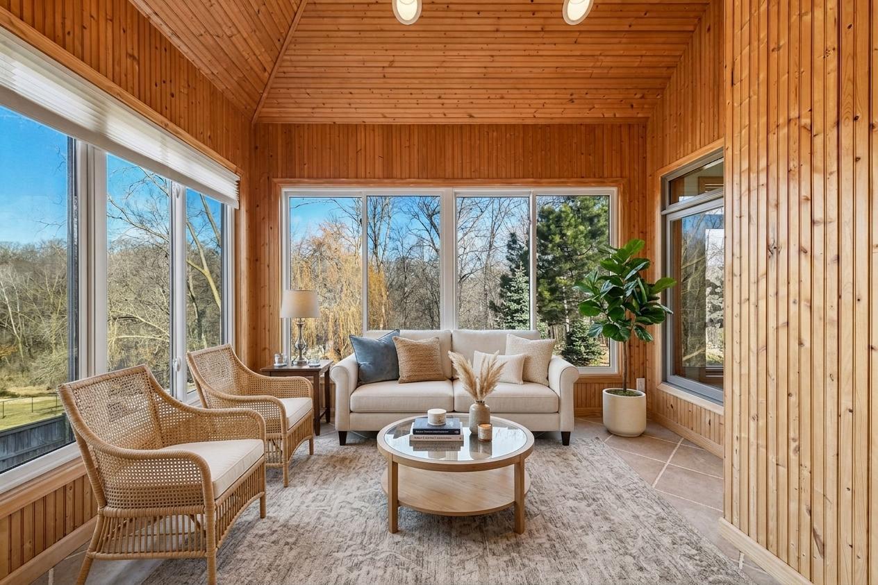 A true home gem! The four-season porch offers stunning year-round views of nature. Enjoy heated tile floors and beautiful wood walls in this sun-filled, peaceful escape. *Virtually staged to show design options.