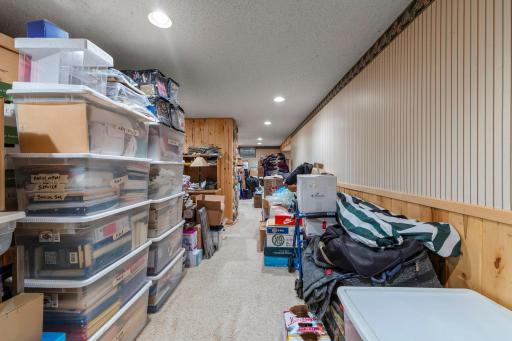 The lower level includes a spacious family room and recreation area with wood-paneled walls and a gas-burning fireplace with a stone surround.