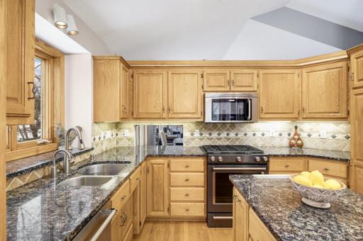 Stainless steel appliances and a water filtration system.