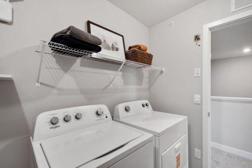 Convenient bedroom-level laundry. Optional laundry package #1 shown. Photo is of model home. Colors and options may vary. Ask Sales Agent for details.