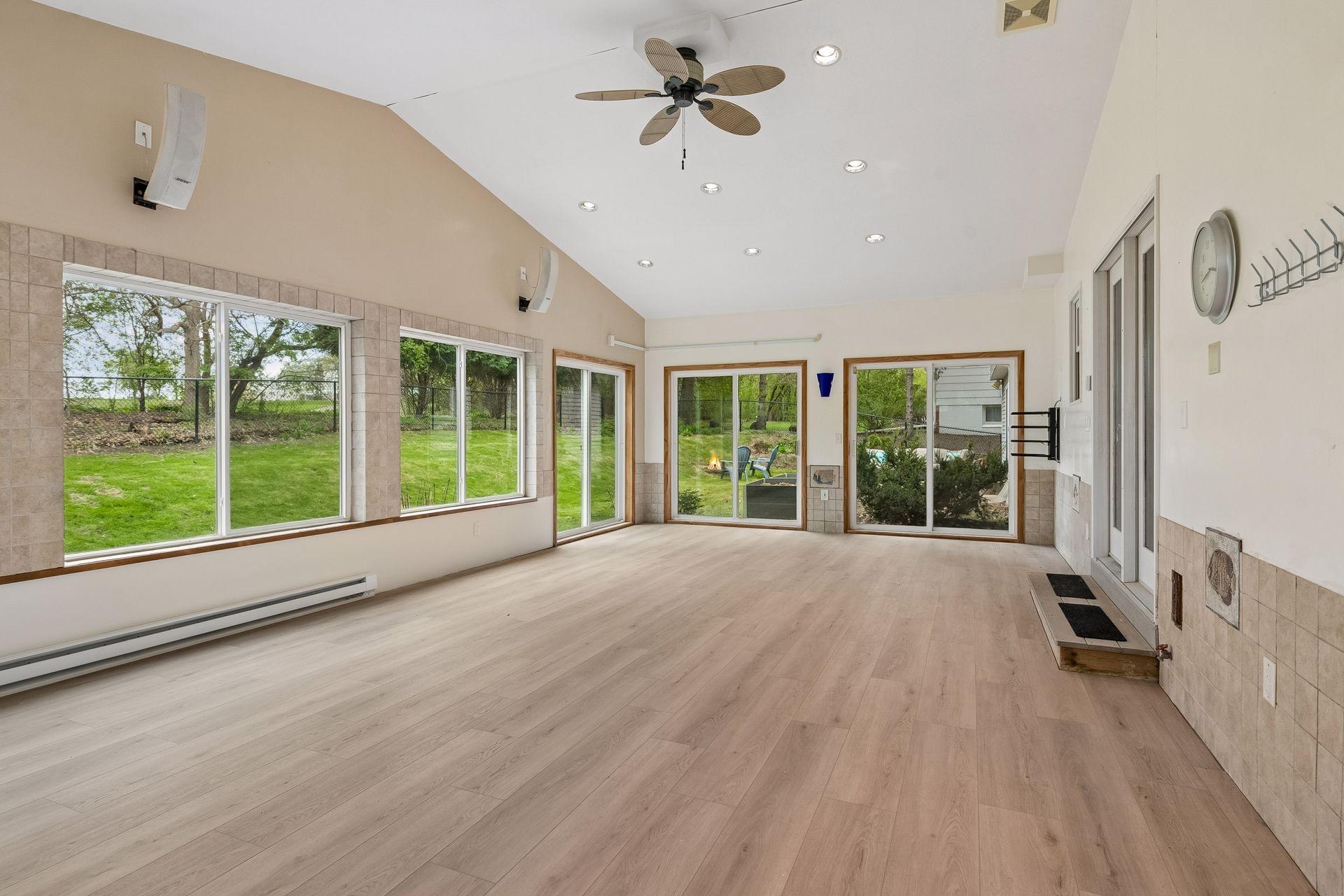 Patio doors provide easy access to the backyard.