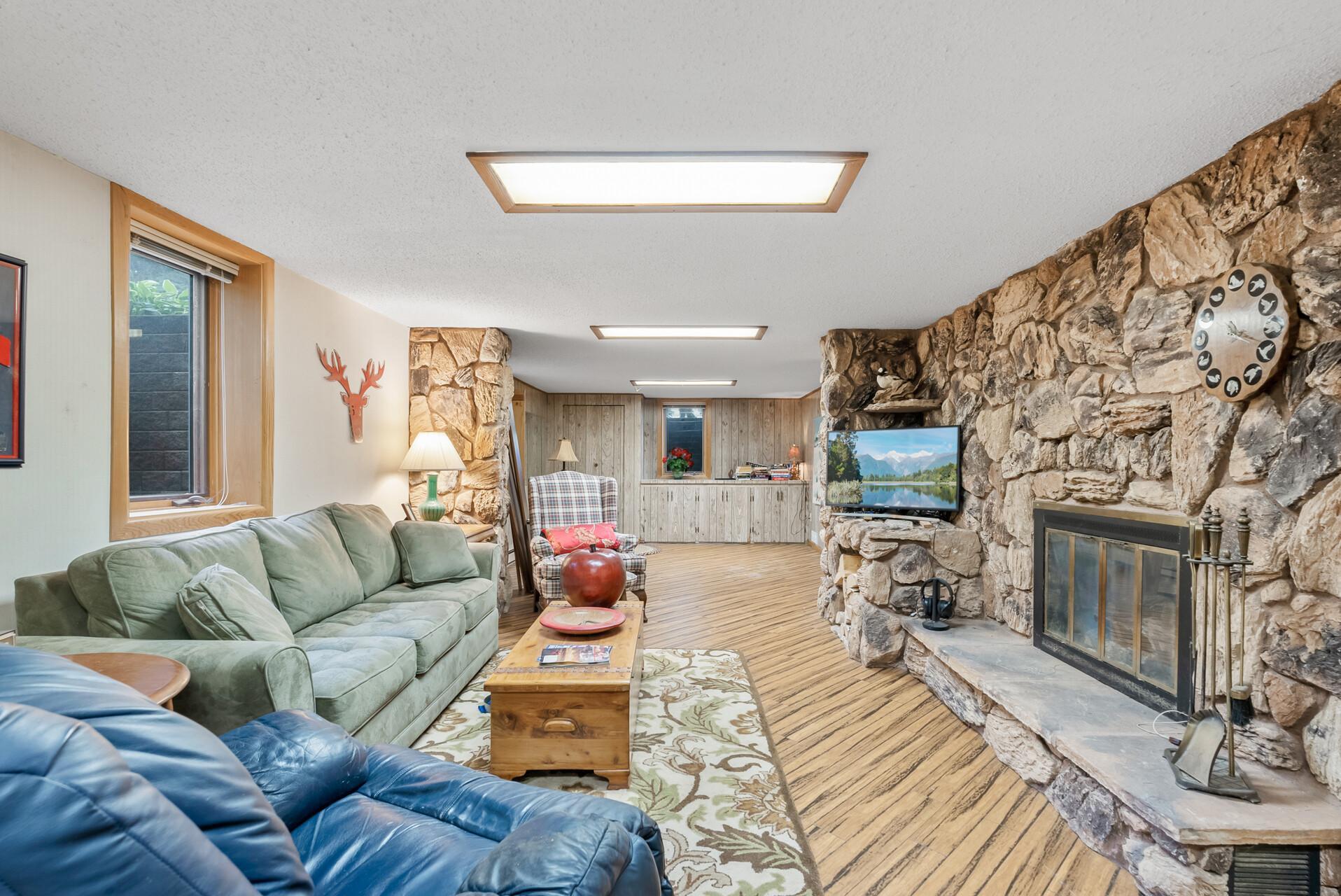 Lower level family room with gas fireplace