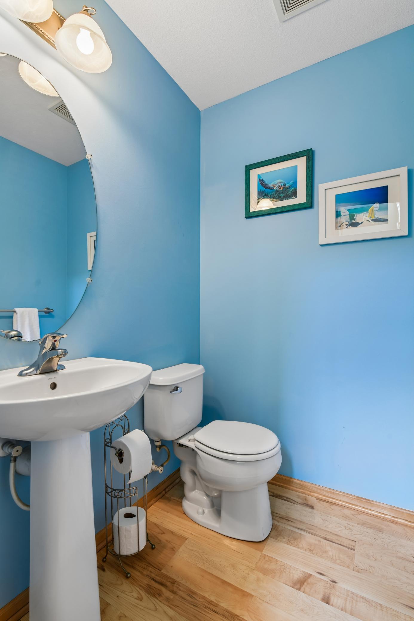 Powder bath is conveniently located on the main level