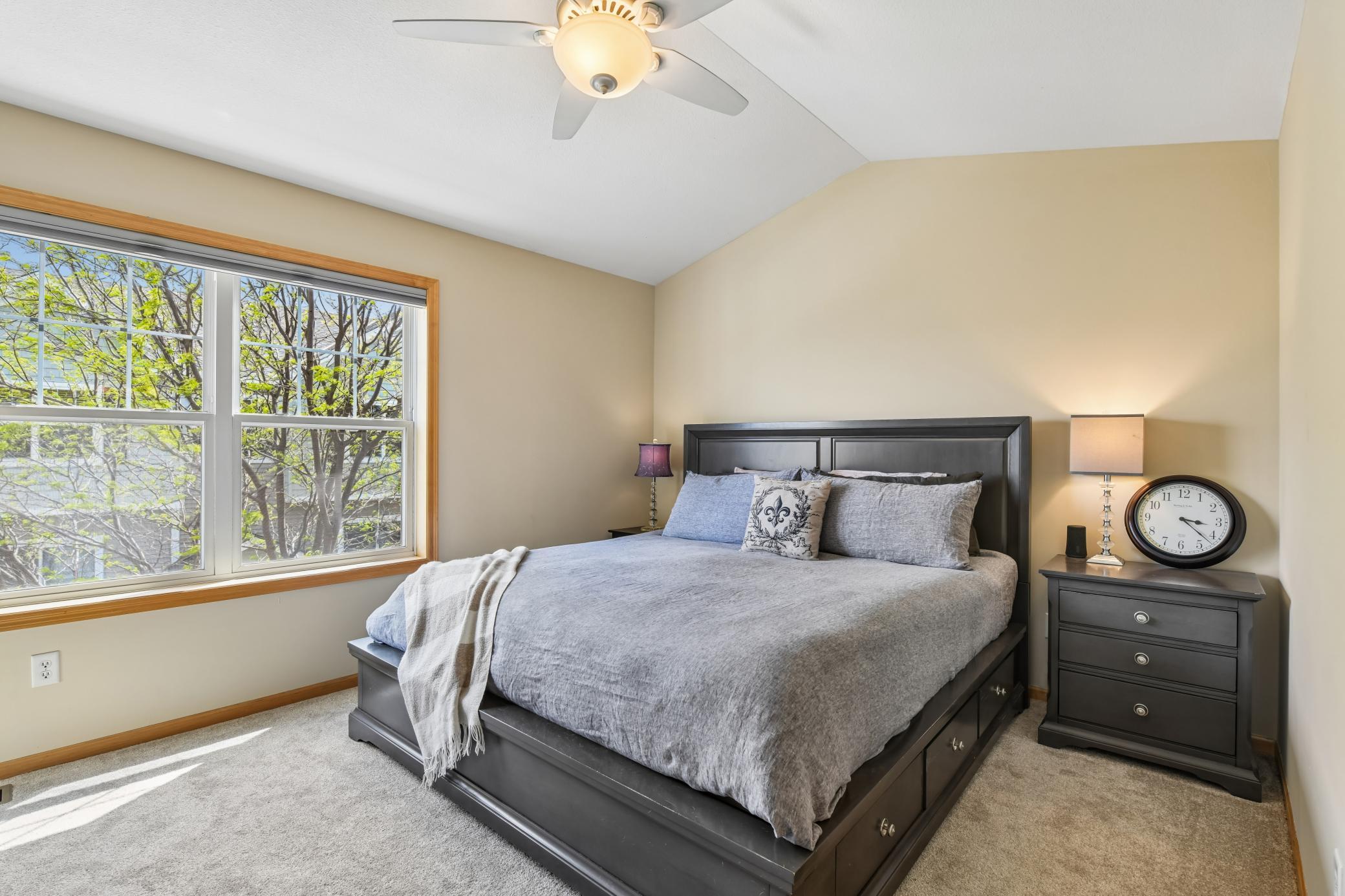 Spacious owner's suite offers vaulted ceiling, large windows, walk-in closet, private bath, ceiling fan, and new carpet, pad, and paint (2026)!