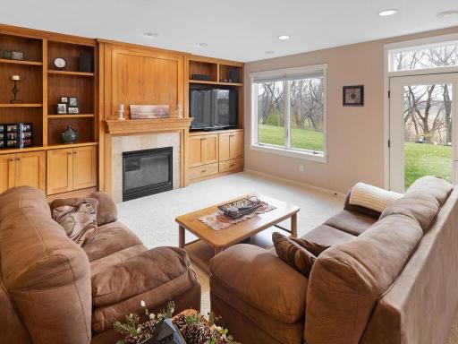 Lower level family room boasts a full wall of built-ins including gas fireplace and a walkout to the backyard.