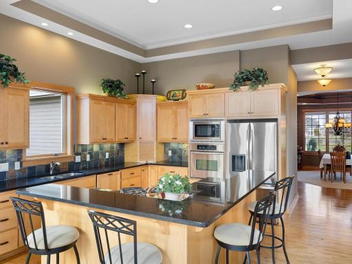 Chef's kitchen includes raised snack bar, granite countertops + slate tile backsplash, stainless steel appliances with gas cooktop, and more.