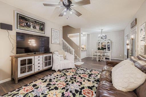 Spacious Living Room looking to eating area and kitchen.