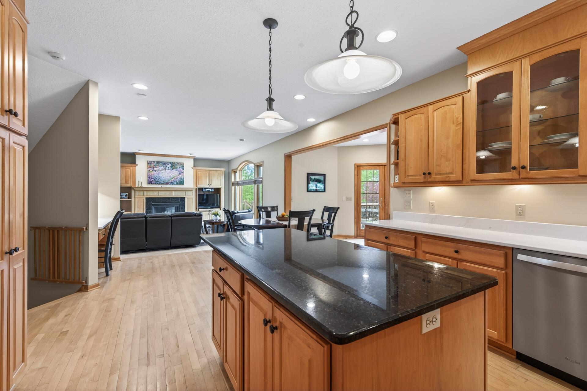 View from kitchen to dining/living room spaces