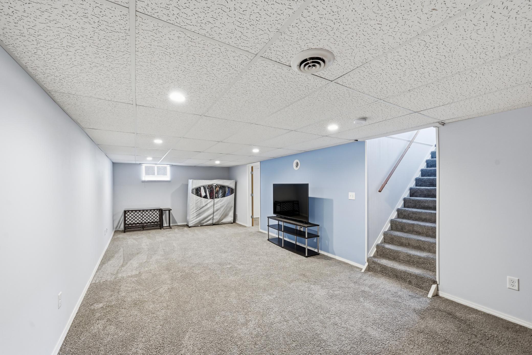 Large, lower level family room perfect for watching movies and enjoying family time.