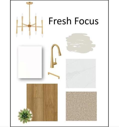 Our interior designer assembled Fresh Focus package includes crisp white cabinets and gold finishes!