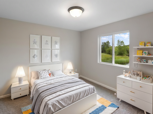 Bedroom 3, Virtually Staged. Photo taken of another home with similar plan and finishes. Photos and renderings may not depict actual plan, materials, & finishes may vary. All measurements are approximate.