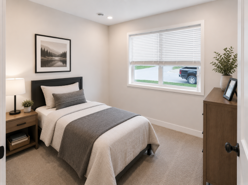 Bright and versatile main-level bedroom featuring a large front-facing window and convenient access to the nearby full bathroom.