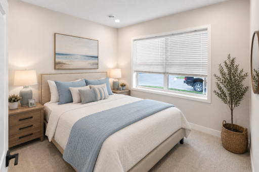 Bright and versatile main-level bedroom featuring a large front-facing window and convenient access to the nearby full bathroom.